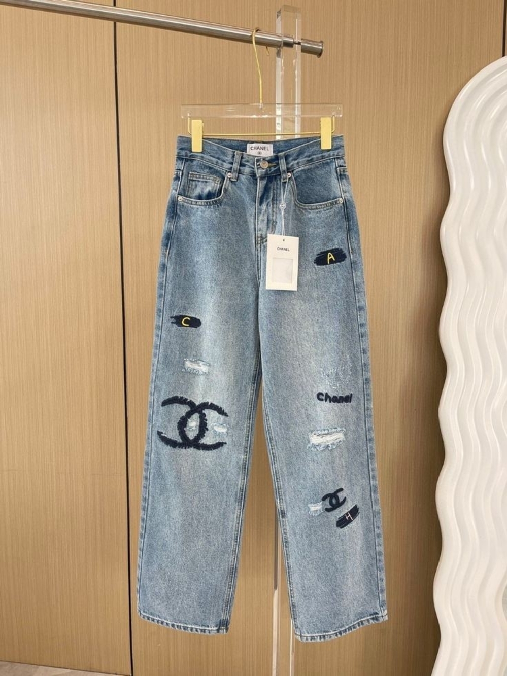CHANEL Light Blue Logo Patch Straight-Leg Hugh Rise Jeans